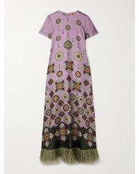 La DoubleJ - Swing Feather-Trimmed Printed Silk-Twill Maxi Dress - Lyst