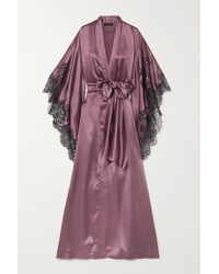 Carine Gilson Belted Chantilly Lace-trimmed Silk-satin Robe - Purple
