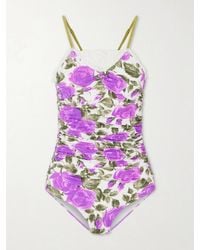 Chloé - Bow-Detailed Ruched Lace-Trimmed Floral-Print Swimsuit - Lyst