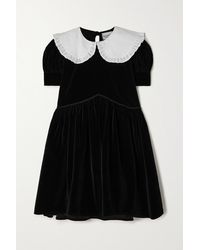 MaisonCléo Josepha Broderie Anglaise-trimmed Cotton-velvet Midi Dress And Hair Tie Set - Black
