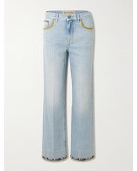 Valentino - Embellished Printed Chiffon-Trimmed Mid-Rise Straight-Leg Jeans - Lyst