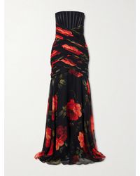 Carolina Herrera - Strapless Ruched Floral-Printed Silk-Chiffon Gown - Lyst