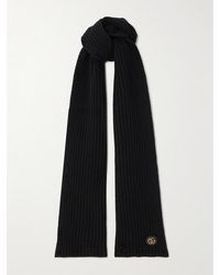 Gucci - Embellished Leather-Trimmed Ribbed Wool And Cashmere-Blend Scarf - Lyst