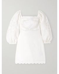FARM Rio - Scalloped Broderie Anglaise-Trimmed Linen Mini Dress - Lyst