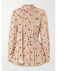 Valentino Garavani - Tie-Neck Belted Pleated Floral-Print Cotton-Muslin Blouse - Lyst