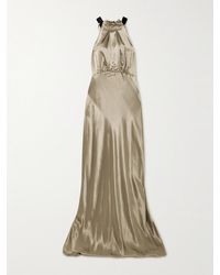 Saloni - Michelle Velvet-Trimmed Open-Back Satin Gown - Lyst