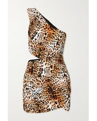 Halpern One-shoulder Cutout Leopard-print Stretch-jersey Mini Dress - Brown