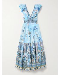 CAMILLA - Maxikleid Aus Bedruckter Biobaumwollpopeline Mit Volants Und Kristallen - Lyst