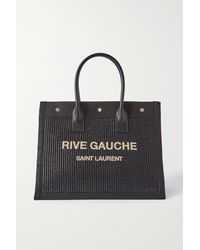 Saint Laurent Rive Gauche Small Leather And Canvas-trimmed Embroidered Raffia Tote - Black