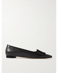 Manolo Blahnik - Maysale 10 Ballerinas Mit Spitzer Kappe Aus Leder Mit Krokodileffekt, Velourslederbesätzen Und Schnalle - Lyst