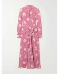 Alessandra Rich - Bow-Embellished Gathered Floral-Print Silk-Georgette Midi Dress - Lyst