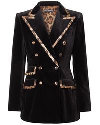 Dolce & Gabbana Blazer Aus Samt Aus Einer Baumwoll-seidenmischung Mit Satinbesätzen Mit Leopardenprint - Schwarz