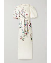 Monique Lhuillier Belted Floral-print Duchesse-satin Gown - White