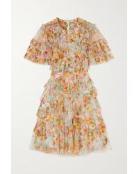 Needle & Thread Sunset Garden Minikleid Aus Tüll Mit Blumenprint Und Rüschen - Orange