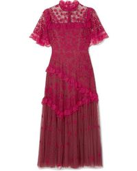 Needle & Thread Elsa Ballerina Ruffled Lace-trimmed Embroidered Tulle Midi Dress