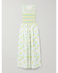 Loretta Caponi - Gioia Smocked Printed Cotton-Voile Midi Dress - Lyst