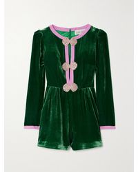 Saloni - Camille Embellished Silk Crepe-Trimmed Velvet Playsuit - Lyst
