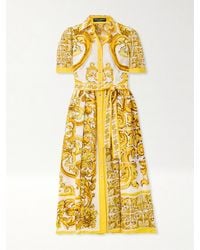 Dolce & Gabbana - Maiolica Belted Pleated Printed Cotton-Poplin Midi Dress - Lyst
