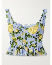 Oscar de la Renta - Cropped Scalloped Floral-Print Cotton-Blend Poplin Top - Lyst