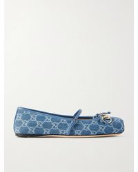 Gucci - Horsebit Ballerina Leather-Trimmed Denim Flats - Lyst