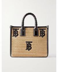 Burberry - Freya Leather-Trimmed Embroidered Raffia Tote - Lyst