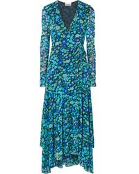 Ganni Floral-print Stretch-mesh Wrap Midi Dress - Blue