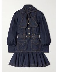 Zimmermann - Tie-Detailed Belted Ruffled Denim Mini Dress - Lyst