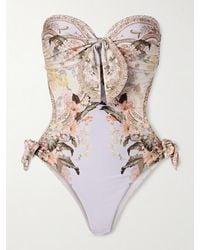 Zimmermann - Wylie Strapless Cutout Tie-Detailed Printed Swimsuit - Lyst