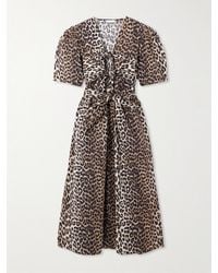 Ganni - Belted Bow-Embellished Leopard-Print Cotton-Poplin Midi Dress - Lyst
