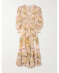 CAMILLA - Robe Longue En Mousseline De Soie À Imprimé Fleuri, Volants Et Cristaux - Lyst