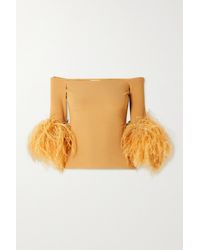 Saint Laurent Off-the-shoulder Feather-trimmed Ribbed-knit Top - Multicolour