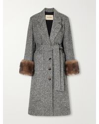 Valentino Garavani - Belted Shearling-Trimmed Herringbone Wool-Blend Coat - Lyst