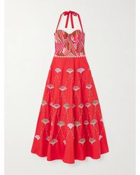 Emporio Sirenuse - Lotty Bead-Embellished Embroidered Cotton-Blend Poplin Halterneck Midi Dress - Lyst