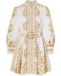 Zimmermann Super Eight Minikleid Aus Leinen Mit Blumenprint Und Gürtel - Weiß