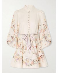 Zimmermann - Valiant Floral-Print Belted Linen Mini Dress - Lyst