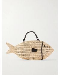STAUD - Cleo Fish Mini Leather-Trimmed Raffia Tote - Lyst