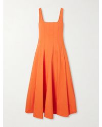 STAUD - Wells Pleated Cotton-Blend Poplin Midi Dress - Lyst