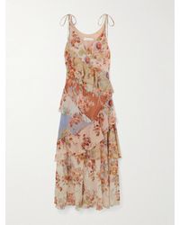 Zimmermann - Robe Longue En Crêpe De Chine De Coton Et De Soie Mélangés À Imprimé Fleuri Et À Volants Awaken - Lyst