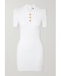 Balmain - Button-embellished Ribbed-knit Mini Dress - Lyst