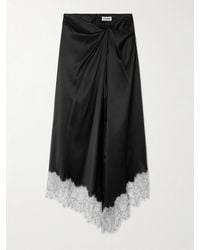 STAUD - Sonoma Asymmetric Gathered Lace-Trimmed Silk-Blend Satin Midi Skirt - Lyst