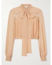 Saint Laurent - Cropped Pussy-Bow Lace-Trimmed Silk-Georgette Blouse - Lyst