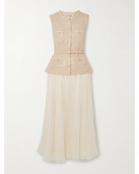 Self-Portrait - Belted Layered Crystal-Embellished Sequined Bouclé And Pleated Chiffon Midi Dress - Lyst