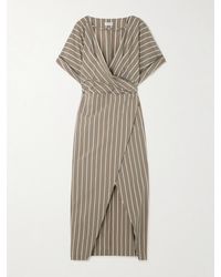 Brunello Cucinelli - Robe Midi Portefeuille En Popeline De Coton Mélangé À Rayures - Lyst