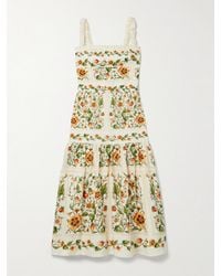 Agua Bendita - Nispero Tiered Embroidered Printed Linen Midi Dress - Lyst