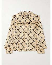 Valentino Garavani - Ruffled Printed Striped Silk-Jacquard Blouse - Lyst