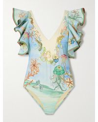 ALÉMAIS - Emerald Cove Ruffled Printed Recycled Swimsuit - Lyst