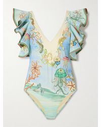 ALÉMAIS - Emerald Cove Ruffled Printed Recycled Swimsuit - Lyst