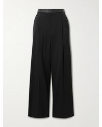 Loewe - Leather-Trimmed Pleated Grain De Poudre Wool Straight-Leg Pants - Lyst