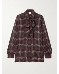 Saint Laurent - Chemise En Mousseline De Soie À Carreaux Et À Col Noué - Lyst