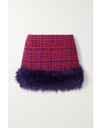 Saint Laurent Faux Fur-trimmed Checked Wool-blend Bouclé Mini Skirt - Pink